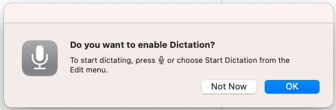 Macintosh dialog box asking, "Do you want to enable Dictation."